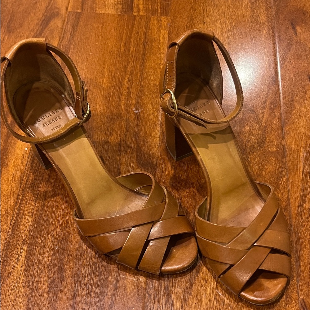 Sézane Brown Leather Ankle-Strap Block Heel Sandals